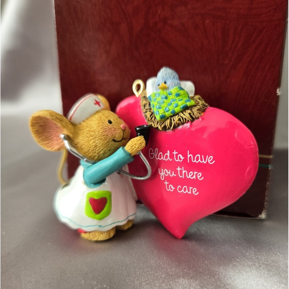 VTG Carlton Cards Christmas Ornament w/ Box Nurse Mouse & Bird Patient Gift 2003
